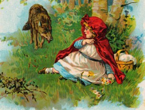 Illustration of Wolf Approaching Little Red Riding Hood